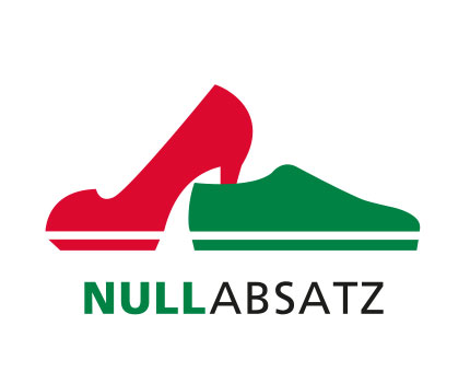 Logo zeigt roten High-Heel und grünen Sneaker nebeneinander mit dem Schriftzug Nullabsatz