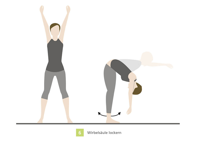 Illustration einer Person, die die Wirbelsäule lockert mit gestreckten Armen und nach vorne gebeugter Haltung zur Dehnung.