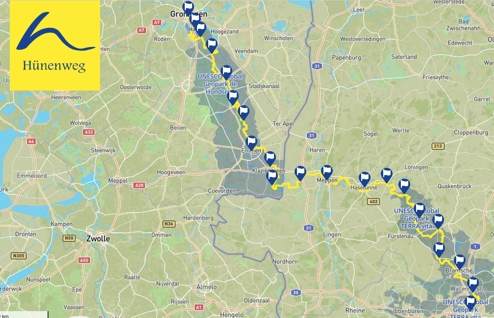 Karte des Hünenwegs, der von Bramsche in Deutschland bis Groningen in den Niederlanden führt, entlang mehrerer UNESCO-Geoparks.