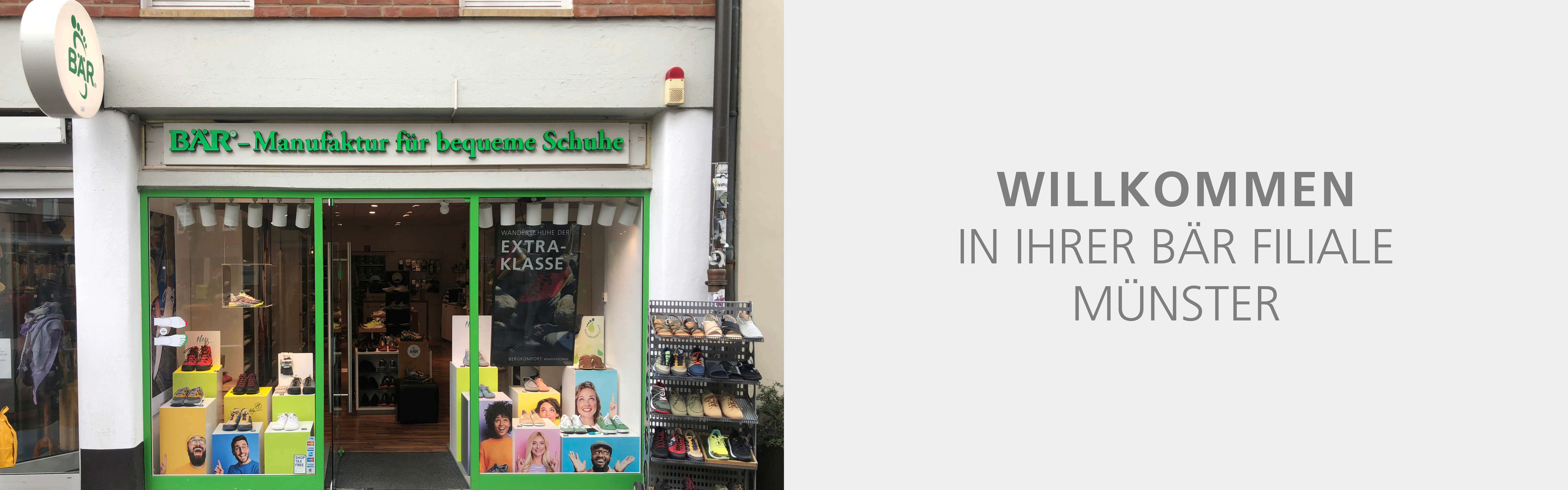 Eingangsbereich des BÄR Schuhgeschäfts in Münster, spezialisiert auf bequeme Schuhe.