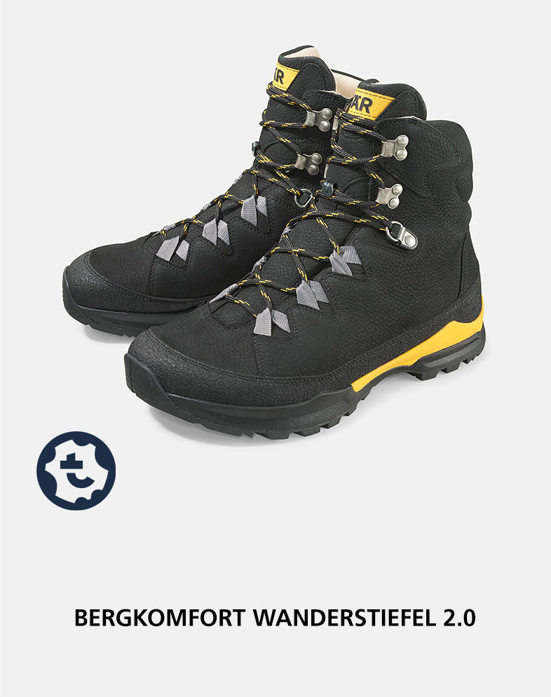 Schwarze Wanderstiefel mit gelben Akzenten und robustem Profil, ideal für Bergwanderungen.
