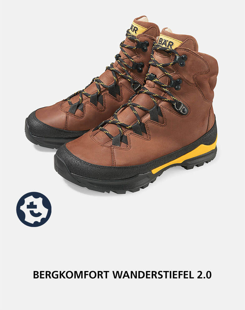 Braune Bergkomfort Wanderstiefel 2.0 mit gelben Akzenten und festem Profil, ideal für anspruchsvolle Wanderungen.