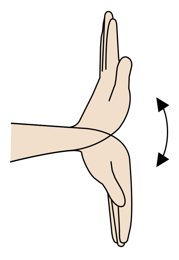Illustration zeigt eine Handgelenkdehnübung mit zwei überkreuzten Händen und Bewegungspfeilen