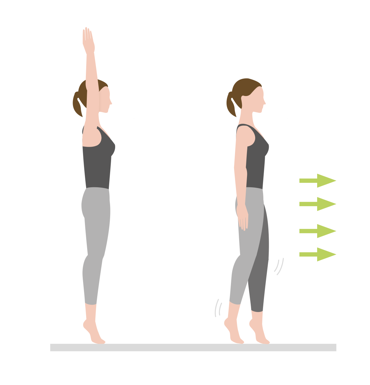Grafik einer Frau, die Dehnübungen zur Verbesserung von Gleichgewicht und Flexibilität ausführt, mit Anweisungen für die richtige Haltung
